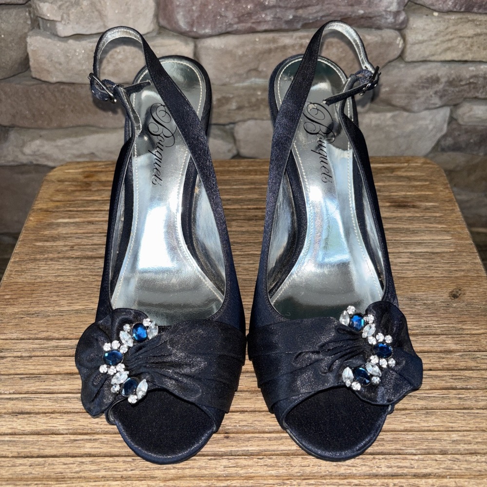 Women Satin Open Toe Slingback Jewel Pumps 7.5 Mid Stiletto Heel Midnight Blue